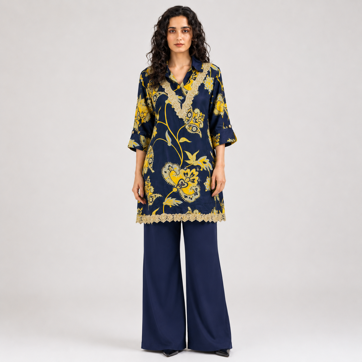 Elegant Floral Navy & Yellow Kurti with Navy Straight Pants
